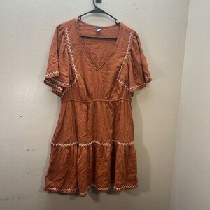 Old Navy Womens Mini Swing Dress L Orange Tiered Short‎ Sleeve Boho Fall Flutter